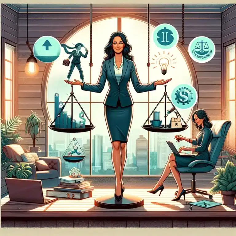 An illustration for a blog post about the professional lifestyle of successful fractional executives. The image shows a confident executive in a home office setting, juggling different elements that symbolize the traits of a successful fractional worker: a smartphone representing business development and social media savvy, a handshake indicating networking, a light bulb for clear value proposition, and a safety net beneath to represent the financial runway. The executive is a middle-aged Hispanic woman, dressed in professional attire, with a serene yet focused expression. The room has a large window showing a balanced scale, symbolizing work/life balance. The ambiance is modern and sleek, reflecting a high level of professionalism and commitment.